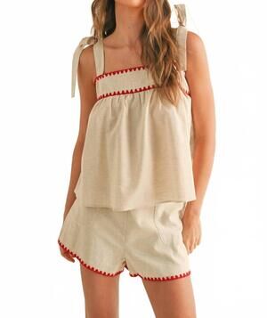 NEW MIOU MUSE linen tape detailed tie sleeve top in oatmeal/red